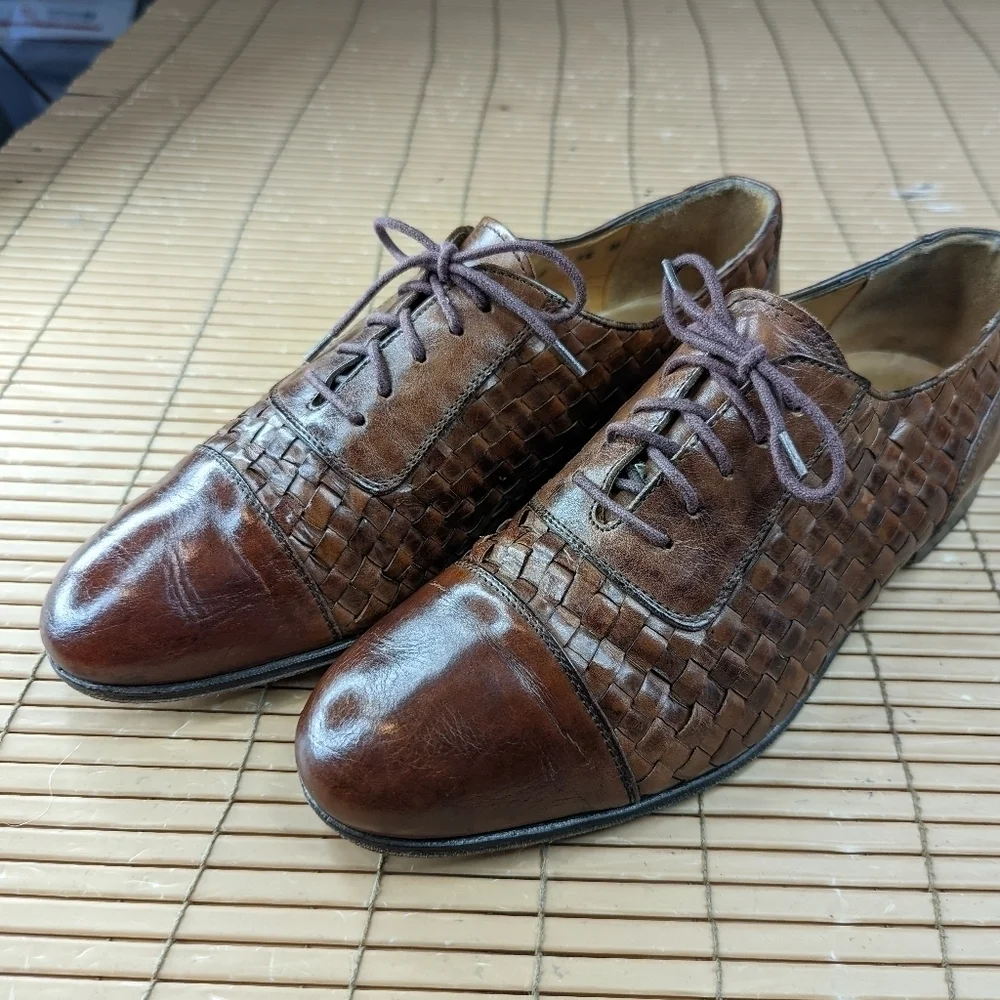 Bostonian Florentine Brown Leather Cap Toe Woven Shoes Oxford Made in Italy Men'